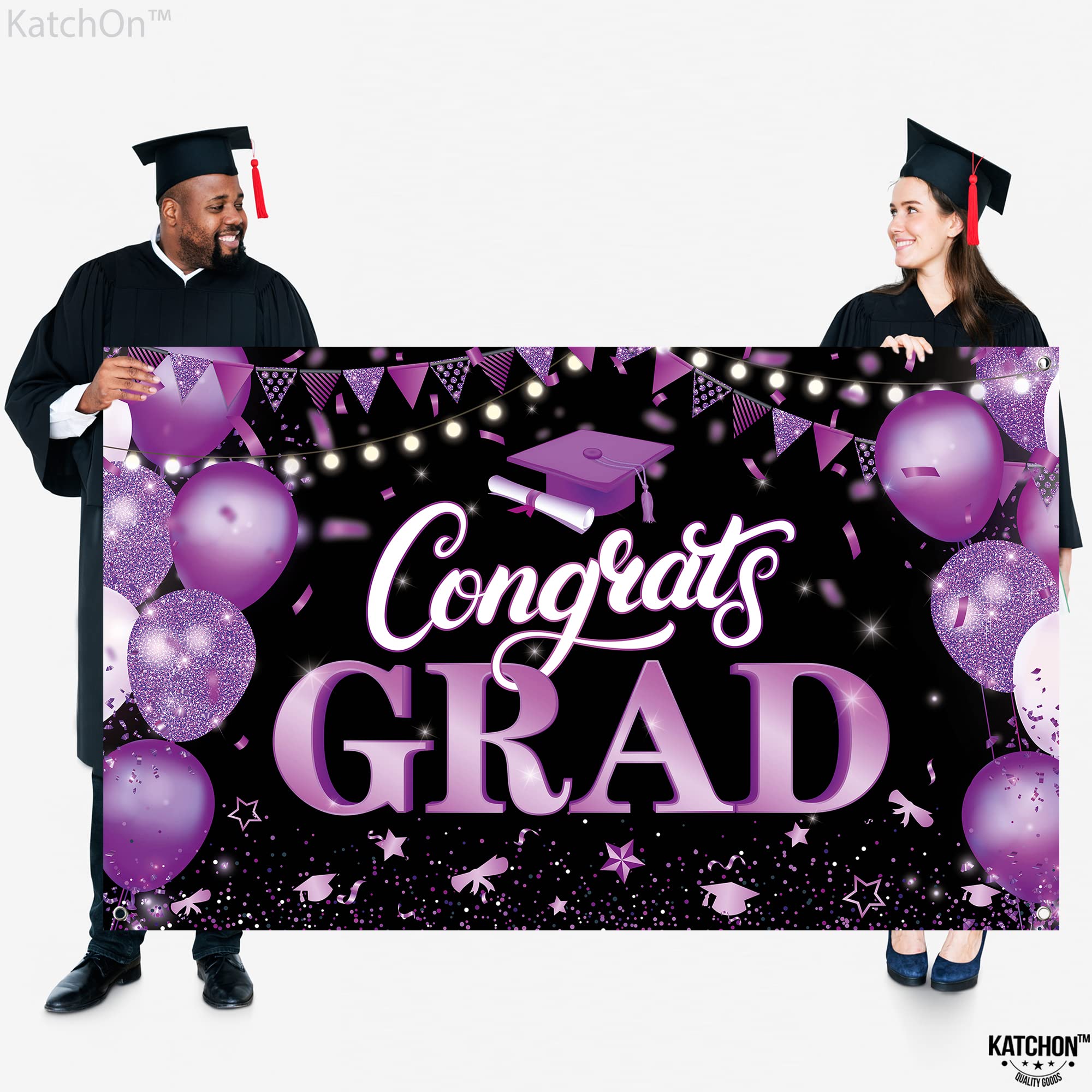 KatchOn 72x44 Inch Purple & Black Congrats Grad Banner for Class of 2026 – Reusable Cloth Fabric Graduation Decorations