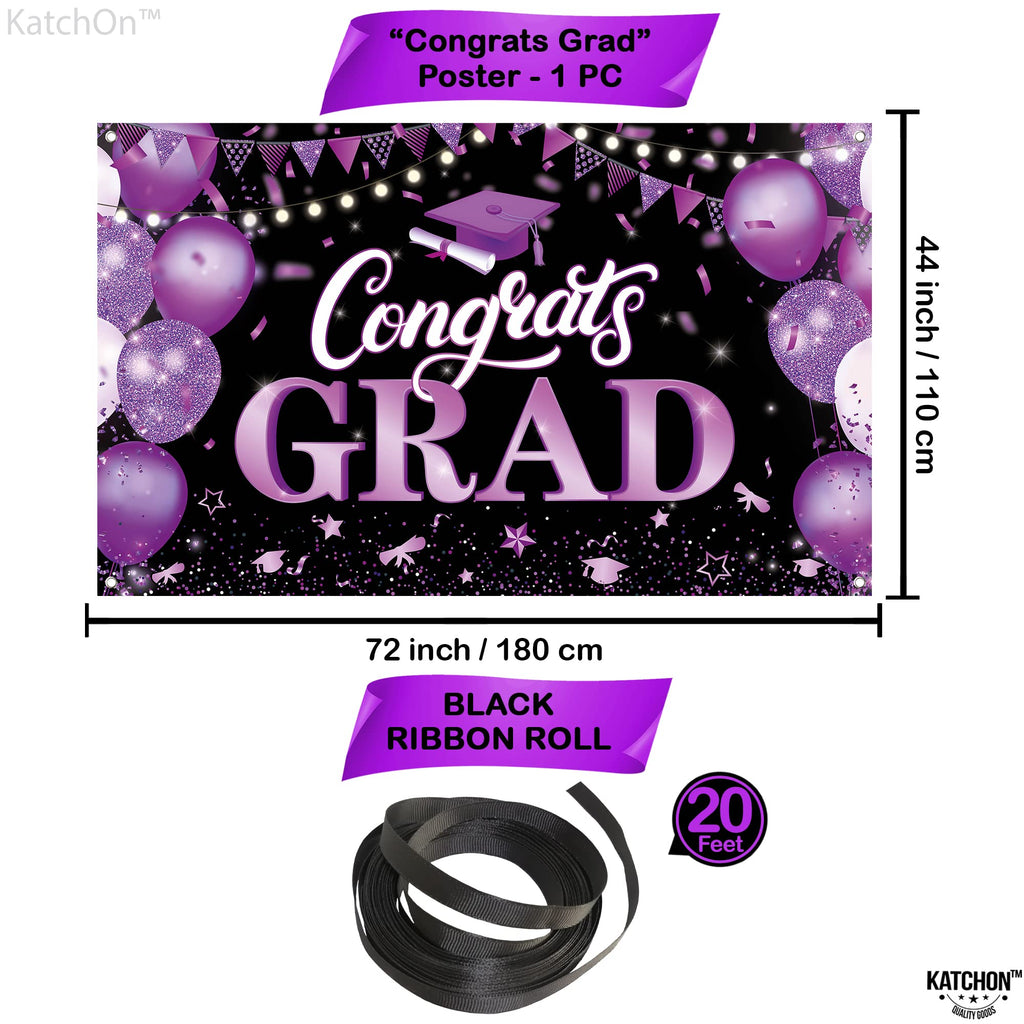 KatchOn 72x44 Inch Purple & Black Congrats Grad Banner for Class of 2026 – Reusable Cloth Fabric Graduation Decorations