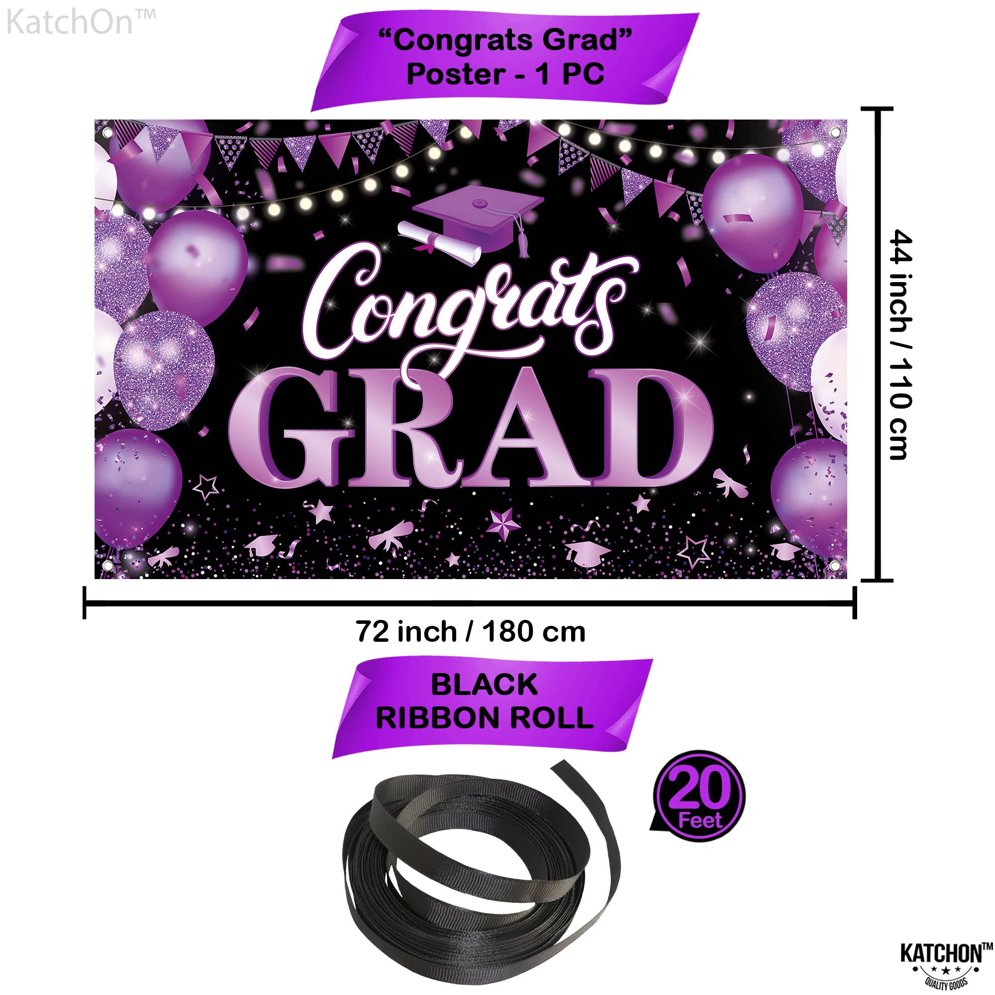 KatchOn 72x44 Inch Purple & Black Congrats Grad Banner for Class of 2026 – Reusable Cloth Fabric Graduation Decorations