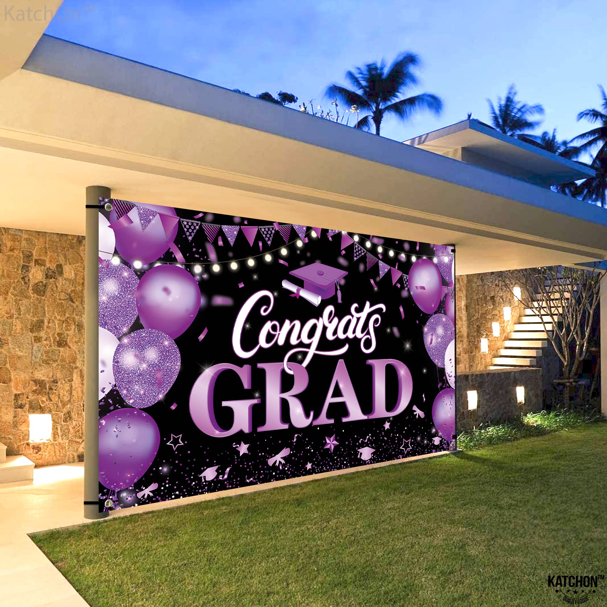 KatchOn 72x44 Inch Purple & Black Congrats Grad Banner for Class of 2026 – Reusable Cloth Fabric Graduation Decorations