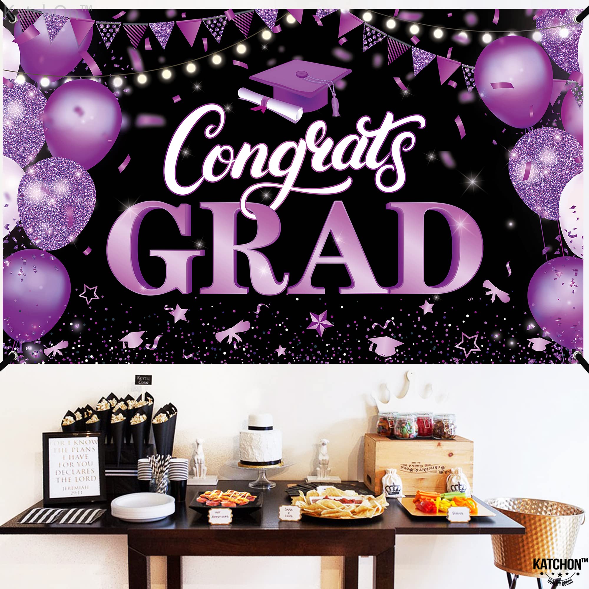 KatchOn 72x44 Inch Purple & Black Congrats Grad Banner for Class of 2026 – Reusable Cloth Fabric Graduation Decorations