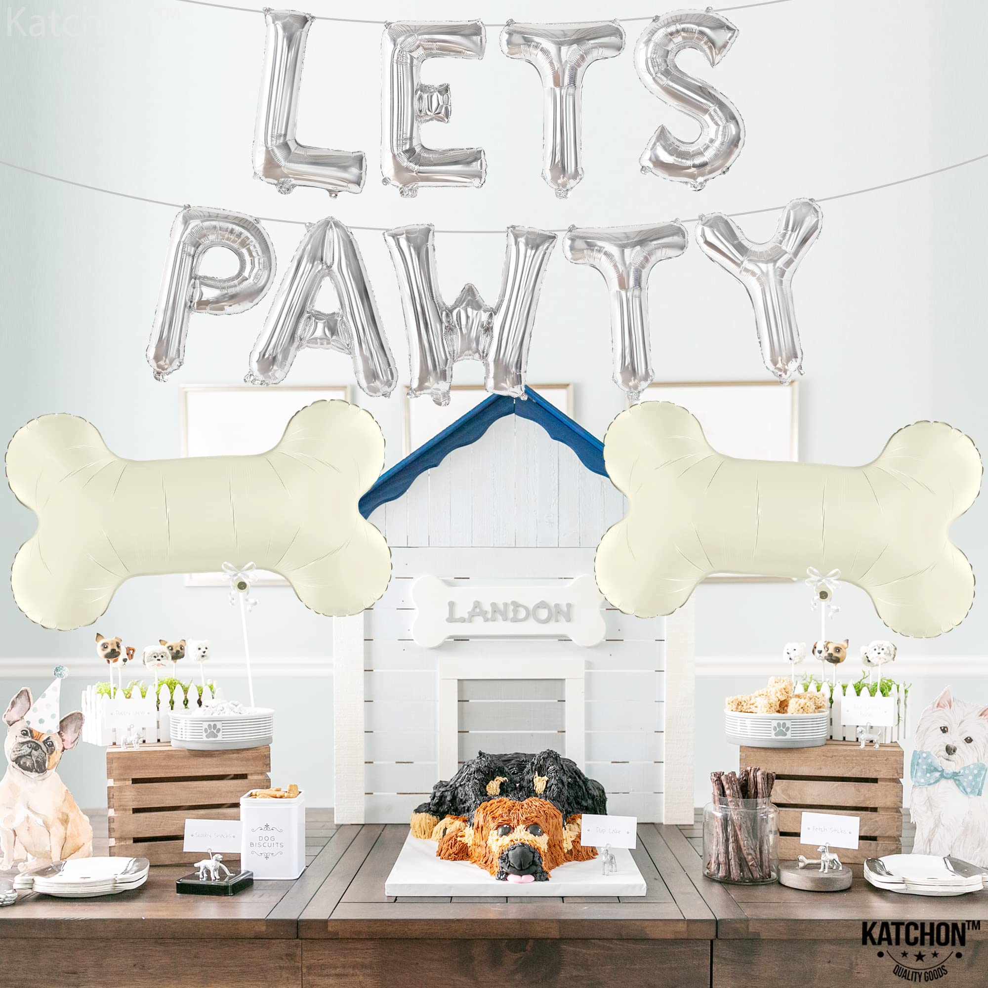 KatchOn Big Silver Lets Pawty Balloons – 29 Inch Dog Birthday Decorations Set with 11 Foil Balloons and String