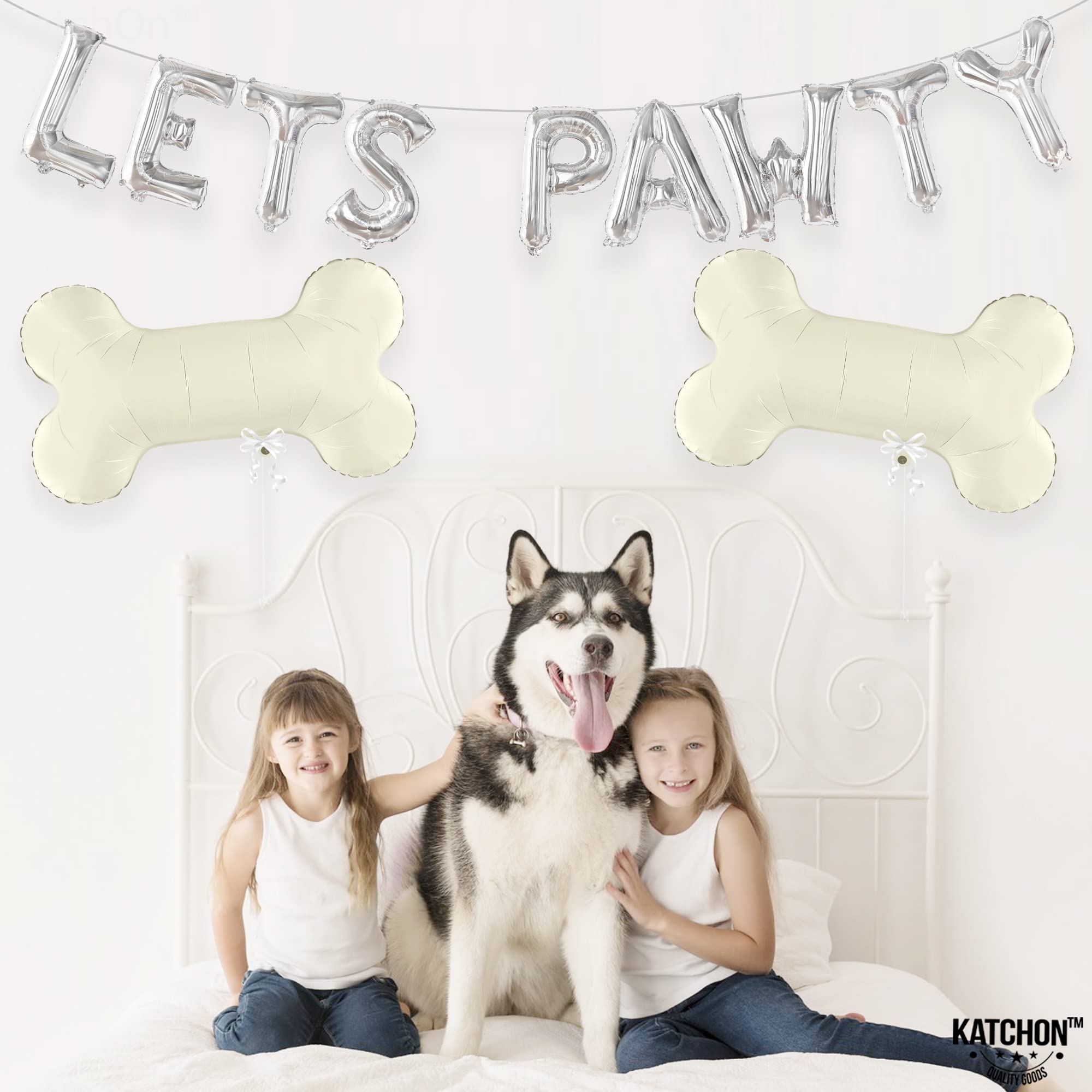 KatchOn Big Silver Lets Pawty Balloons – 29 Inch Dog Birthday Decorations Set with 11 Foil Balloons and String