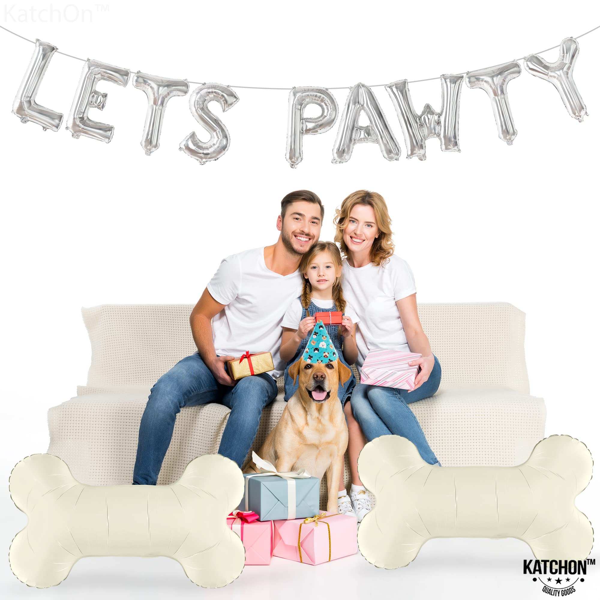 KatchOn Big Silver Lets Pawty Balloons – 29 Inch Dog Birthday Decorations Set with 11 Foil Balloons and String