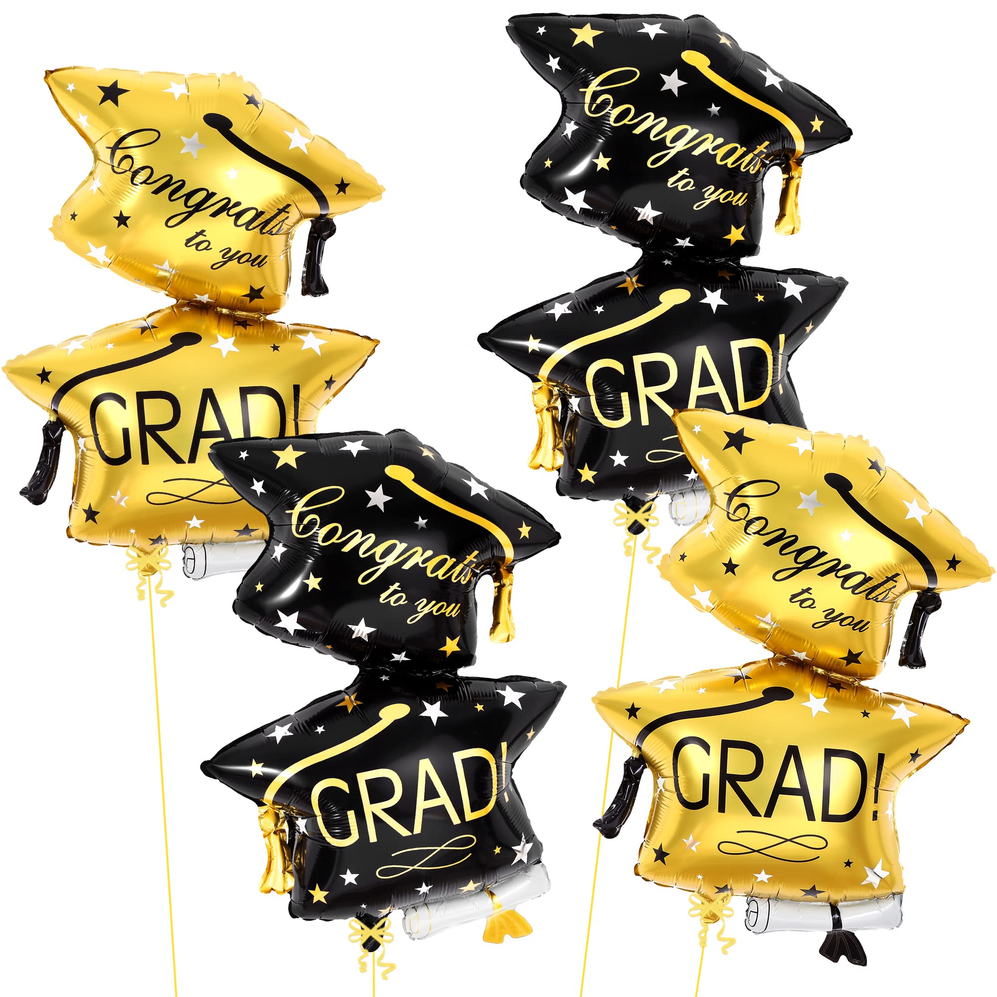 KatchOn Black and Gold Graduation Cap Balloons - 32 Inch, Pack of 4, Class of 2026 Foil Balloons