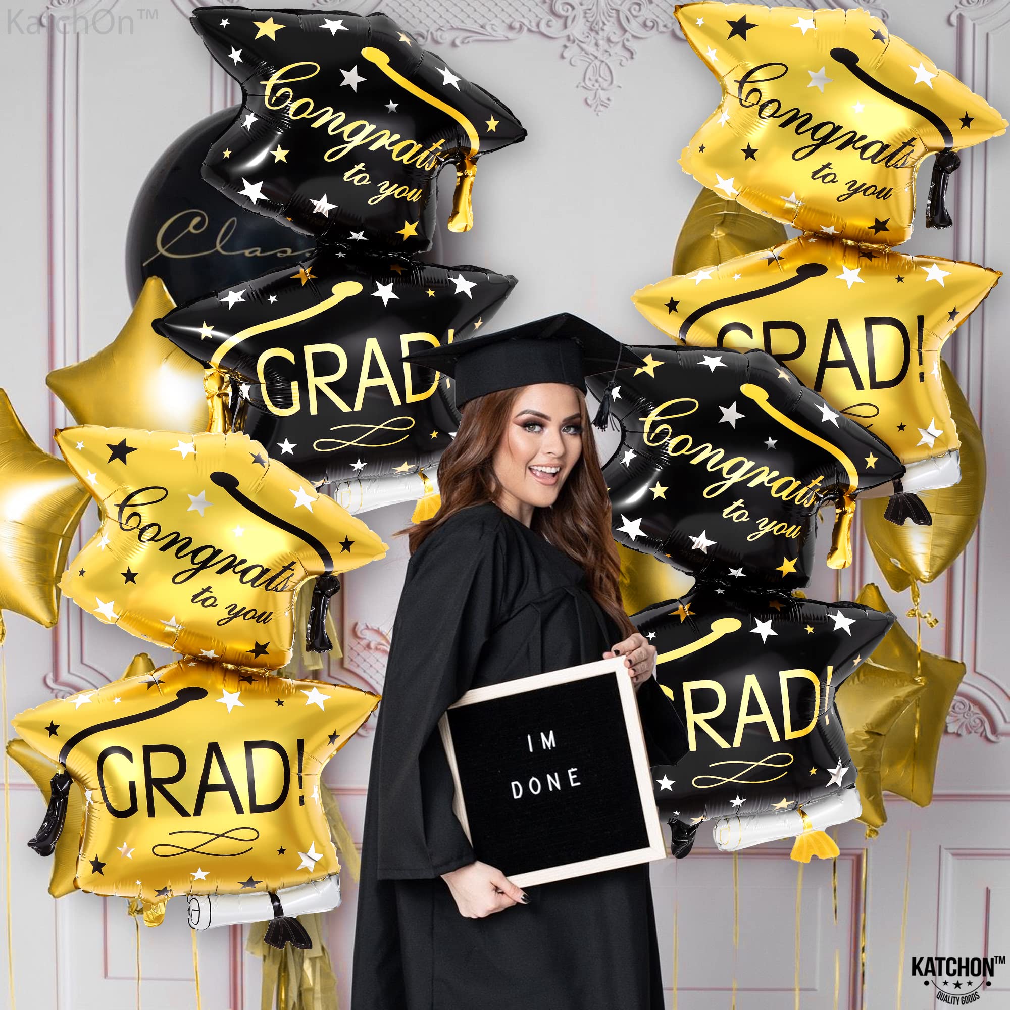 KatchOn Black and Gold Graduation Cap Balloons - 32 Inch, Pack of 4, Class of 2026 Foil Balloons