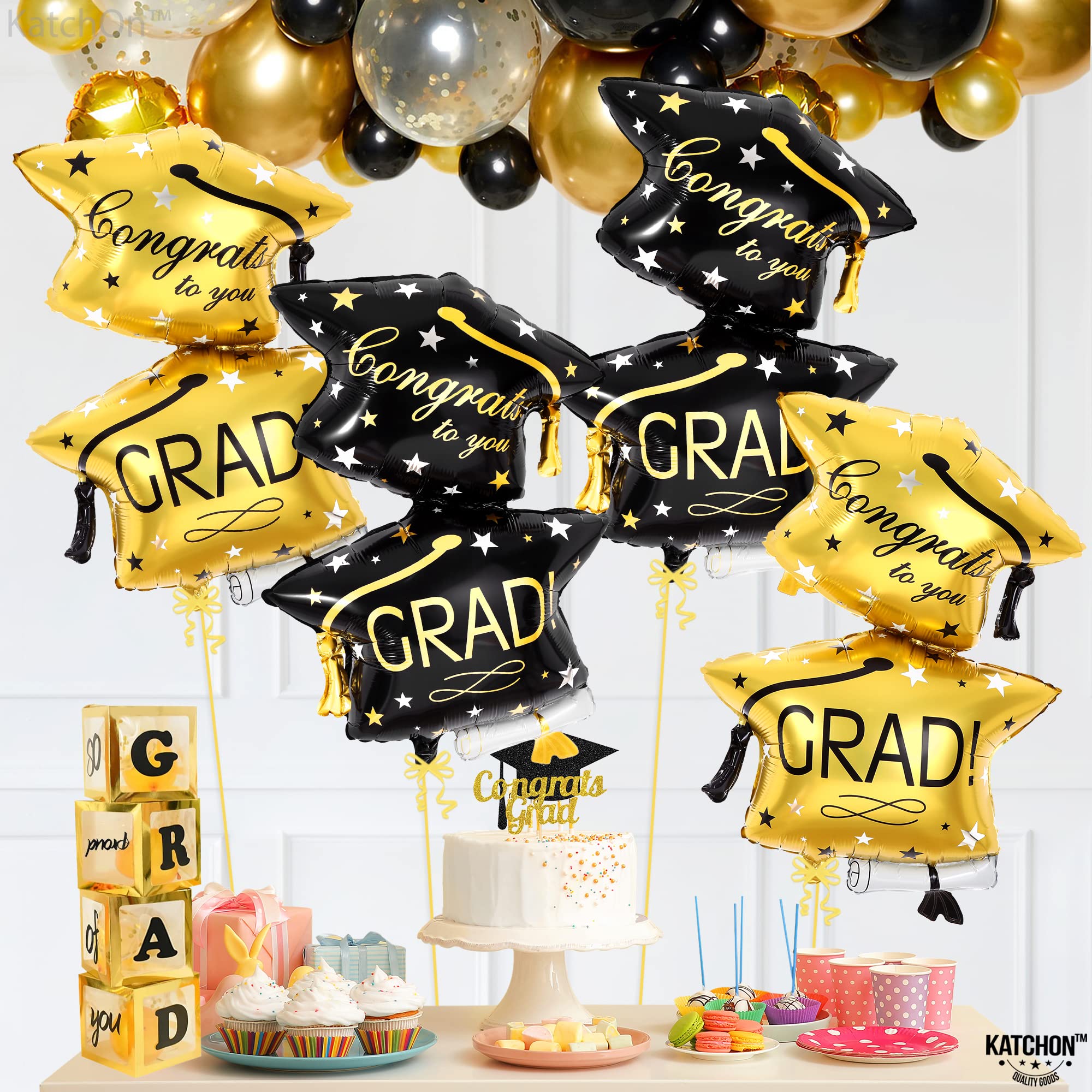 KatchOn Black and Gold Graduation Cap Balloons - 32 Inch, Pack of 4, Class of 2026 Foil Balloons