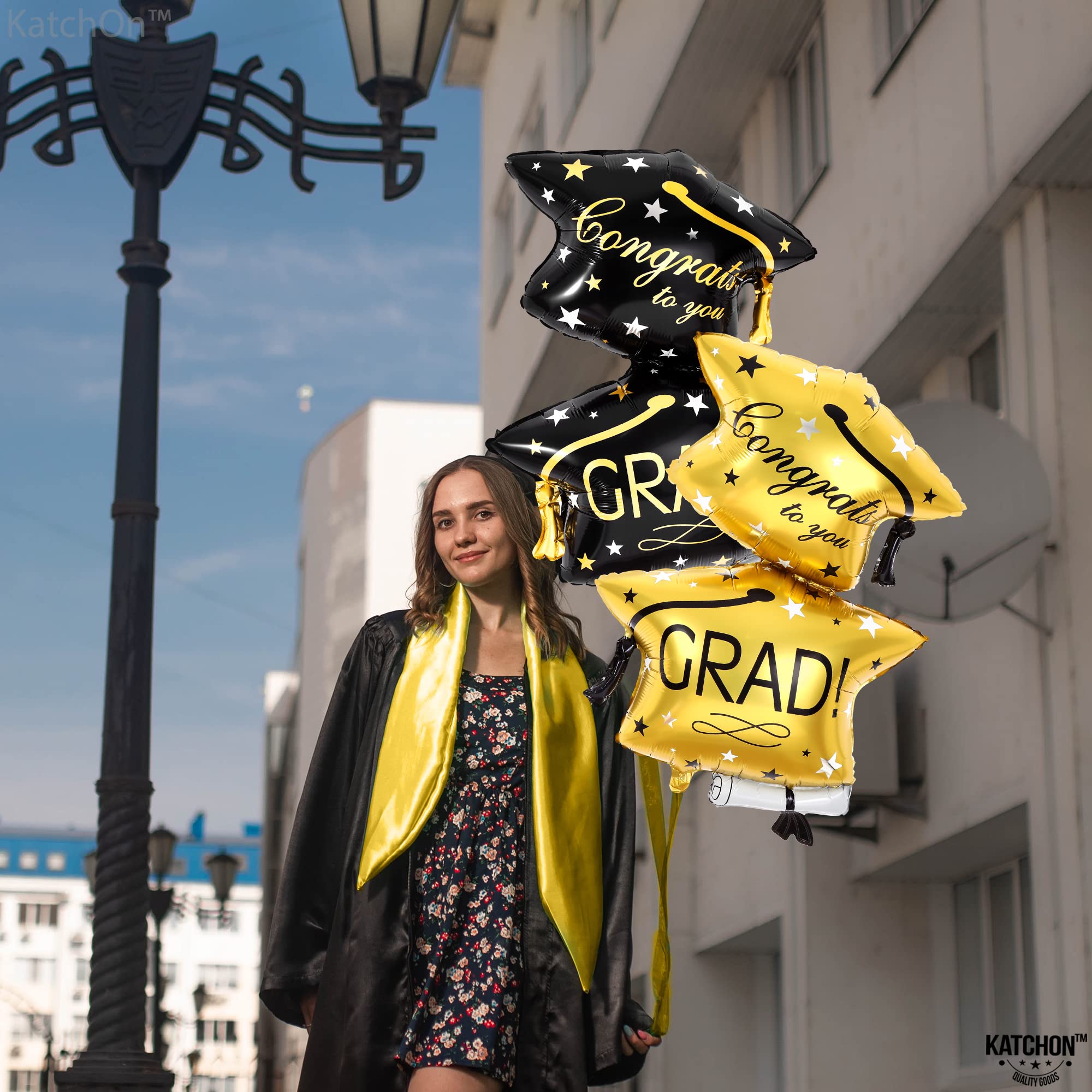 KatchOn Black and Gold Graduation Cap Balloons - 32 Inch, Pack of 4, Class of 2026 Foil Balloons