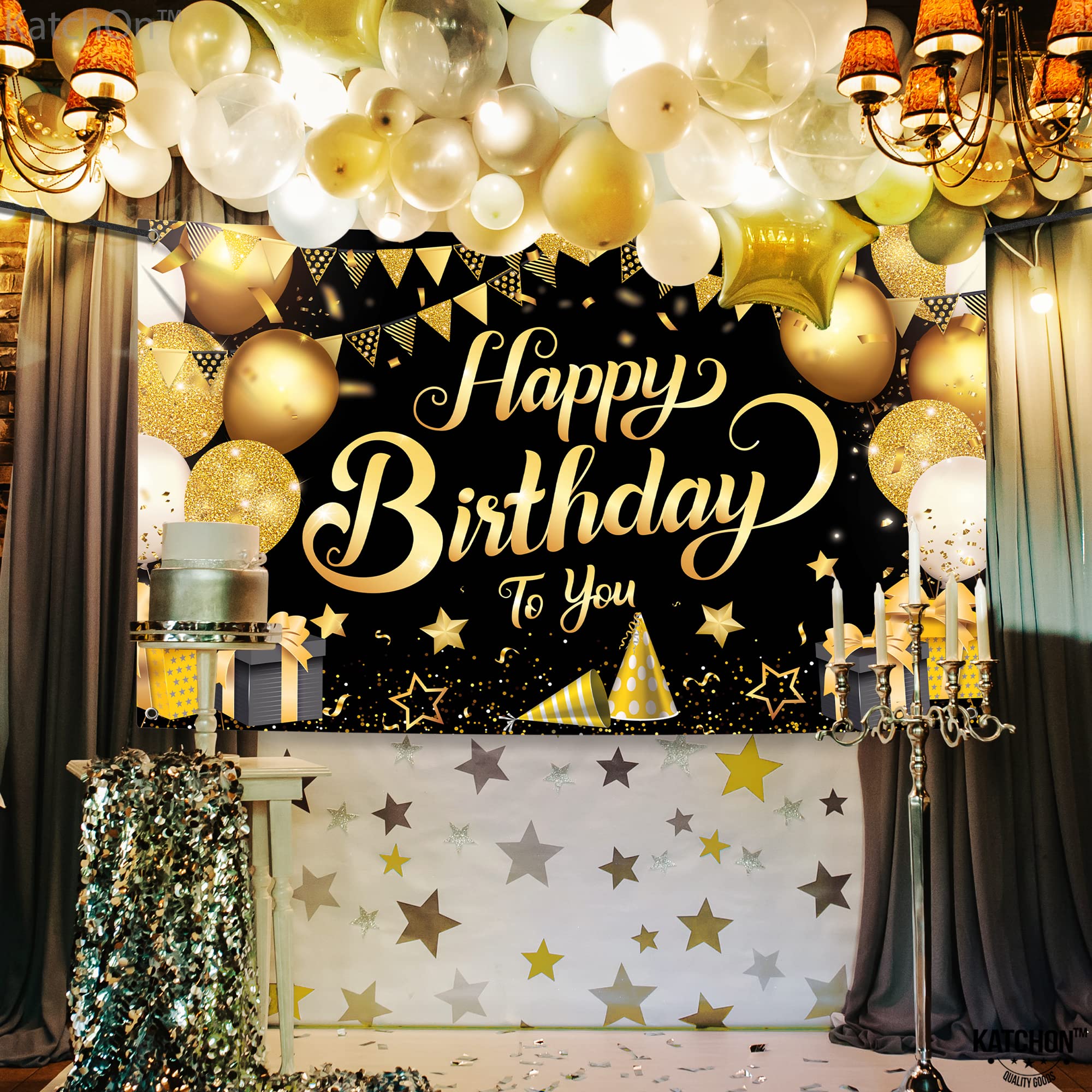 KatchOn Black and Gold Happy Birthday Banner - Extra Large 72x44 Inch Cloth Backdrop for Birthday Party Decorations