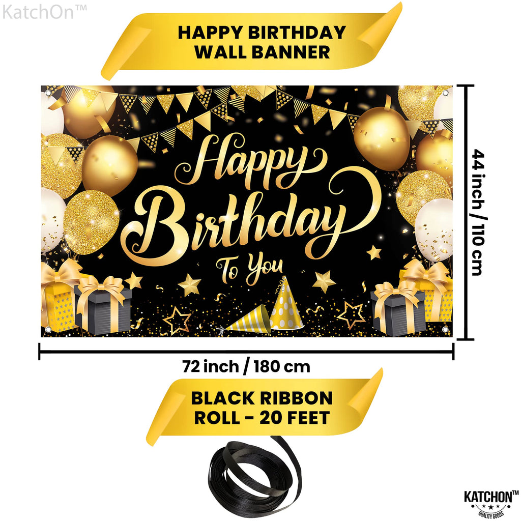 KatchOn Black and Gold Happy Birthday Banner - Extra Large 72x44 Inch Cloth Backdrop for Birthday Party Decorations