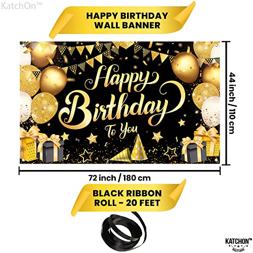 KatchOn Black and Gold Happy Birthday Banner - Extra Large 72x44 Inch Cloth Backdrop for Birthday Party Decorations