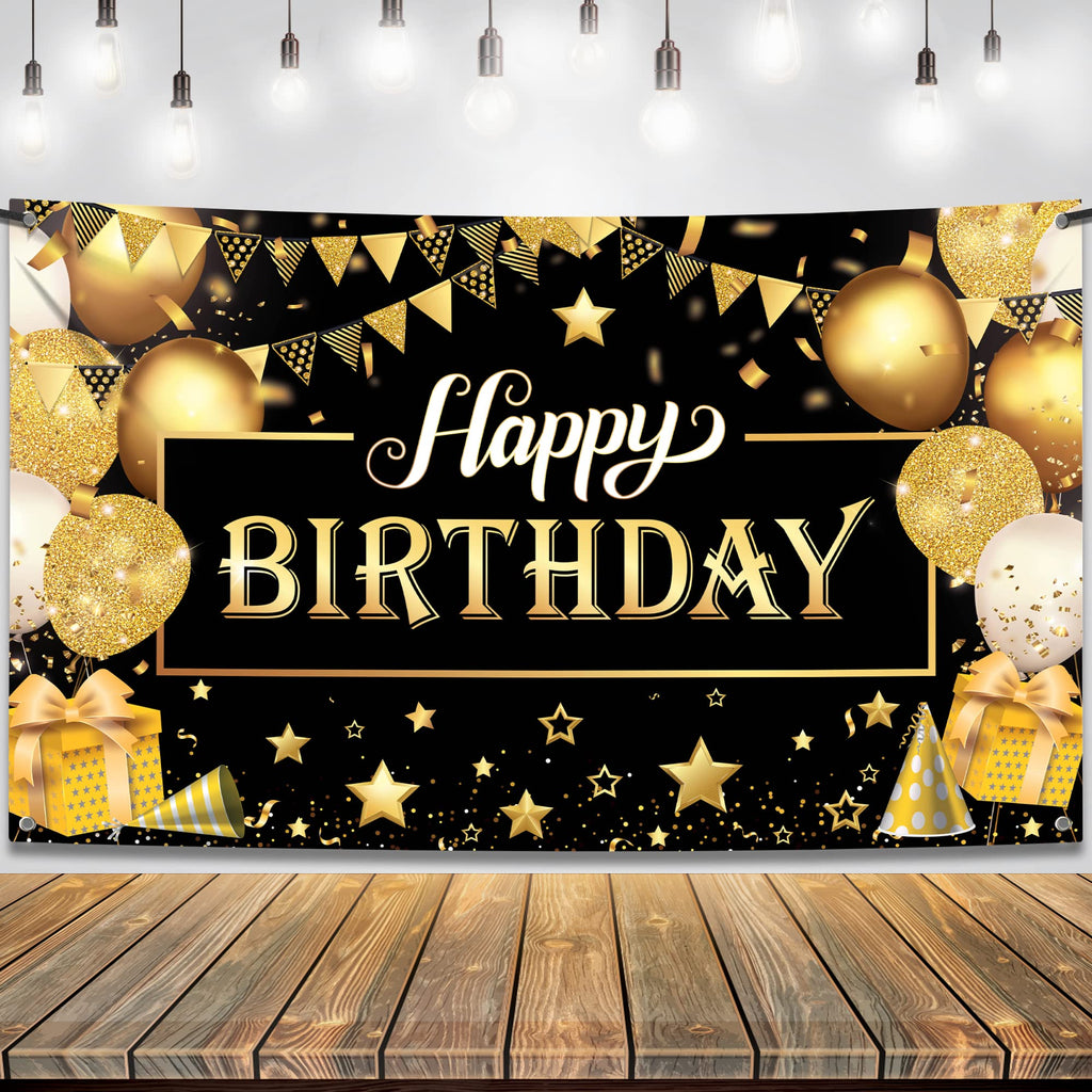 KatchOn Black and Gold Happy Birthday Banner – 72x44 Inch Reusable Fabric Backdrop for Men & Women