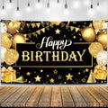 KatchOn Black and Gold Happy Birthday Banner – 72x44 Inch Reusable Fabric Backdrop for Men & Women