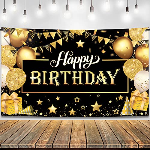 KatchOn Black and Gold Happy Birthday Banner – 72x44 Inch Reusable Fabric Backdrop for Men & Women