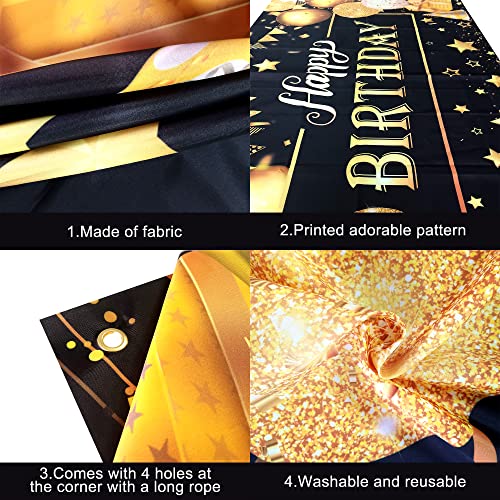 KatchOn Black and Gold Happy Birthday Banner – 72x44 Inch Reusable Fabric Backdrop for Men & Women