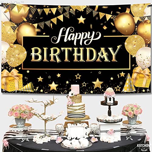 KatchOn Black and Gold Happy Birthday Banner – 72x44 Inch Reusable Fabric Backdrop for Men & Women