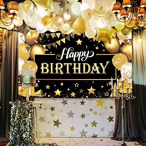 KatchOn Black and Gold Happy Birthday Banner – 72x44 Inch Reusable Fabric Backdrop for Men & Women
