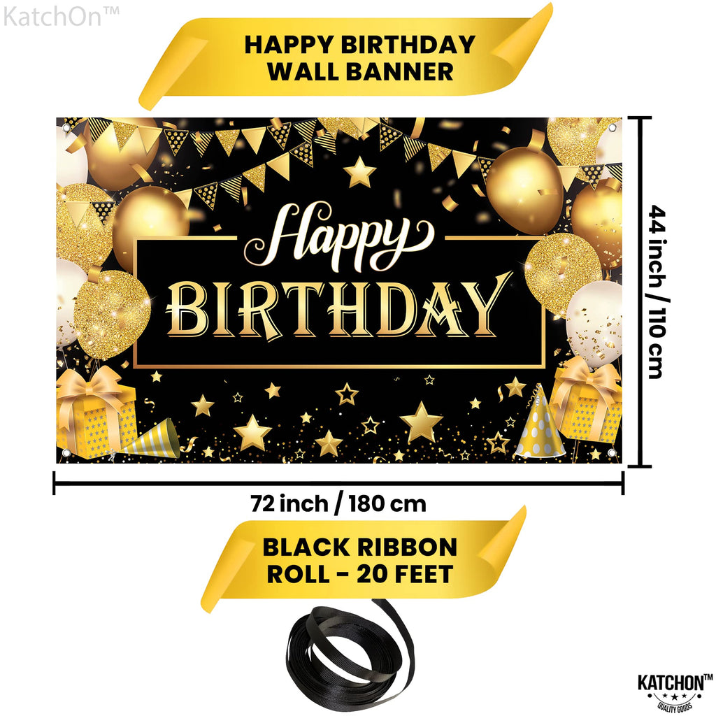KatchOn Black and Gold Happy Birthday Banner – 72x44 Inch Reusable Fabric Backdrop for Men & Women