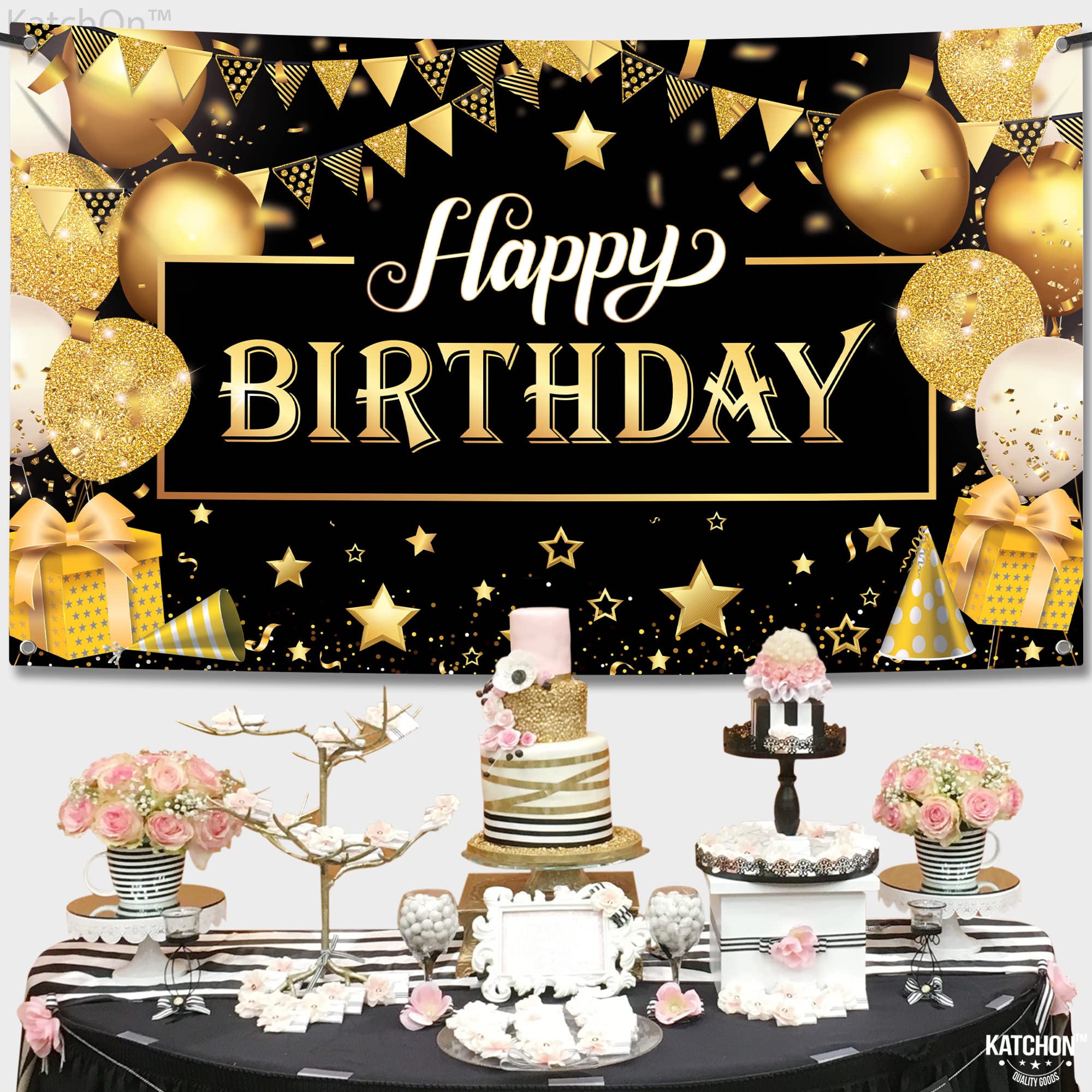 KatchOn Black and Gold Happy Birthday Banner – 72x44 Inch Reusable Fabric Backdrop for Men & Women