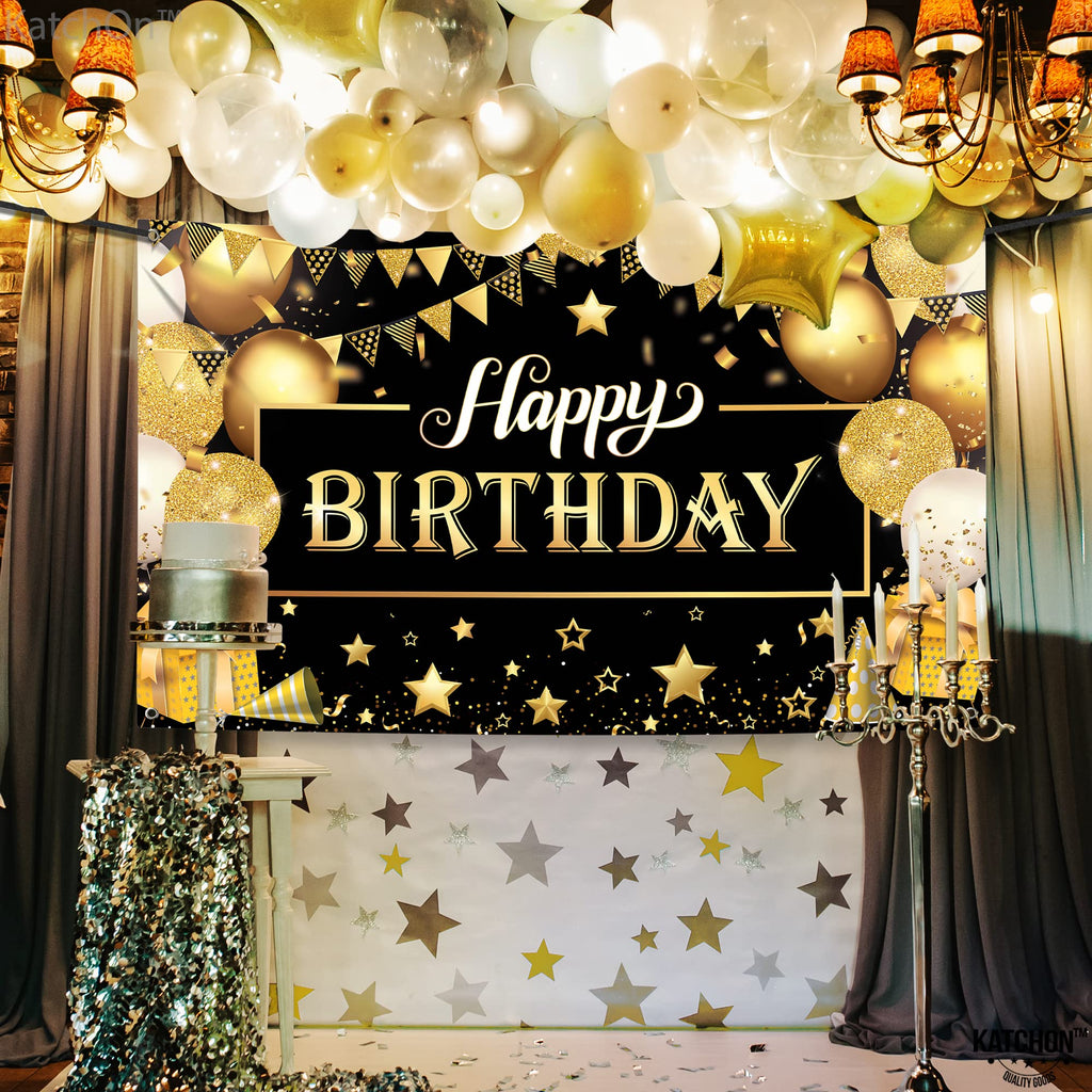 KatchOn Black and Gold Happy Birthday Banner – 72x44 Inch Reusable Fabric Backdrop for Men & Women