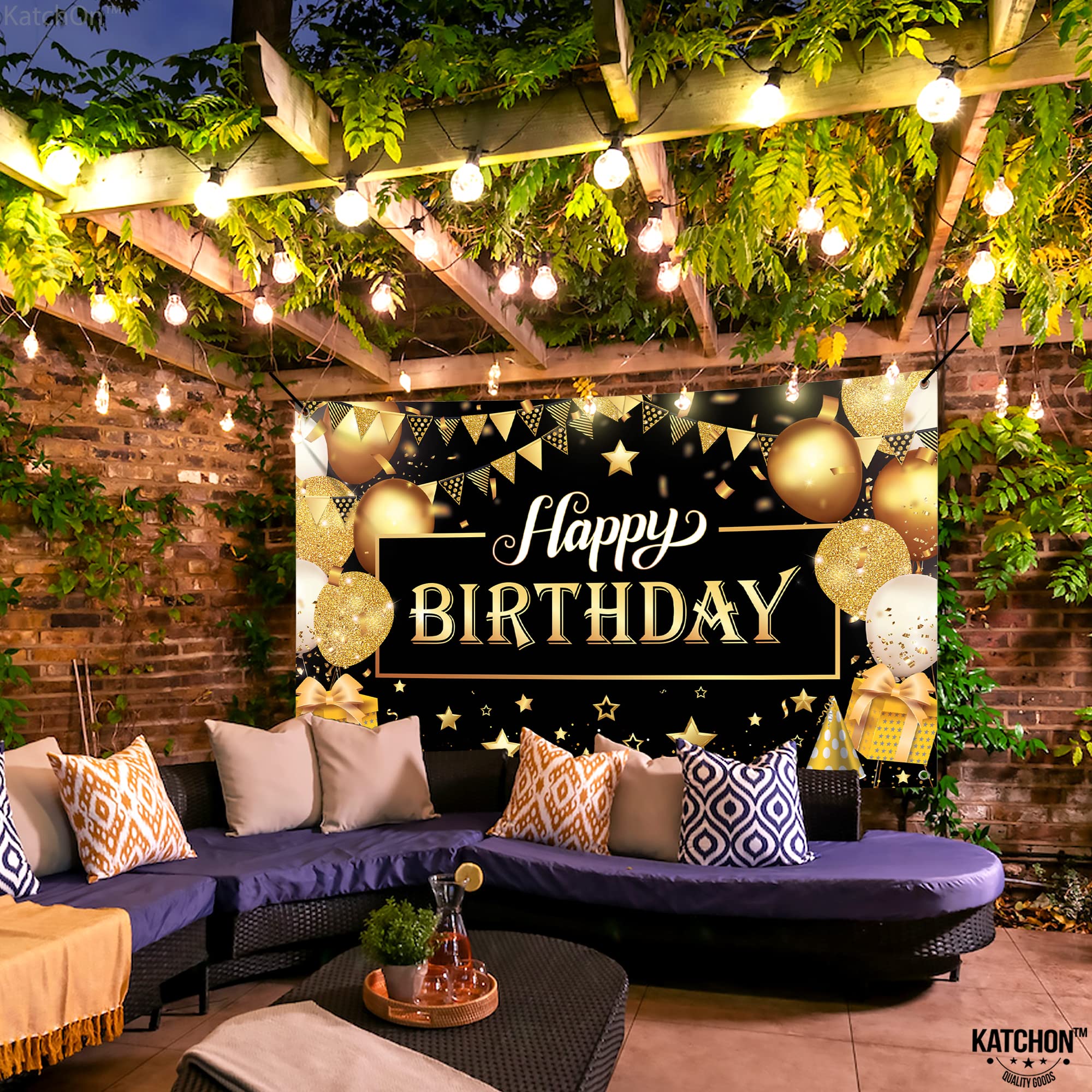 KatchOn Black and Gold Happy Birthday Banner – 72x44 Inch Reusable Fabric Backdrop for Men & Women