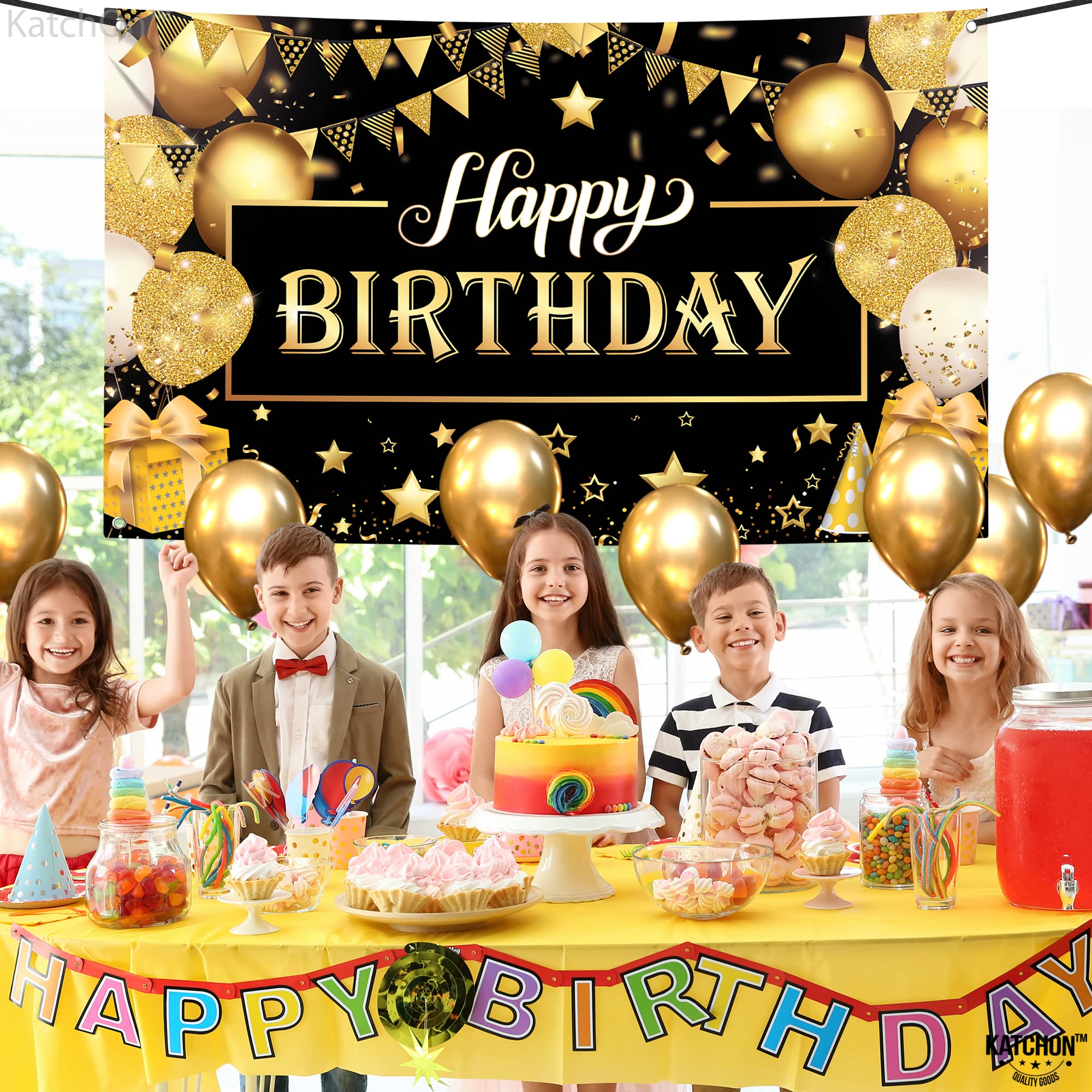 KatchOn Black and Gold Happy Birthday Banner – 72x44 Inch Reusable Fabric Backdrop for Men & Women