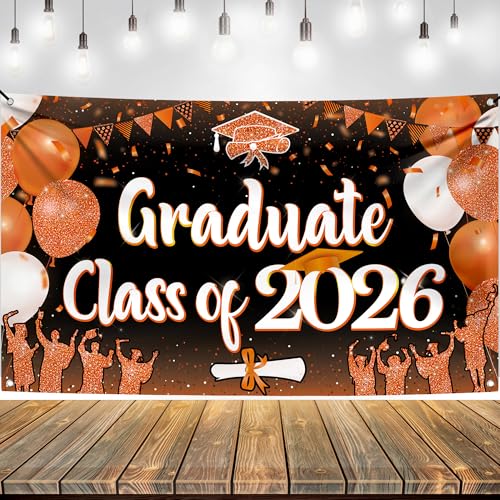 KatchOn Class of 2026 Graduation Banner - Orange & Black - 72 x 44 Inches