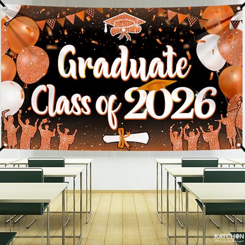 KatchOn Class of 2026 Graduation Banner - Orange & Black - 72 x 44 Inches