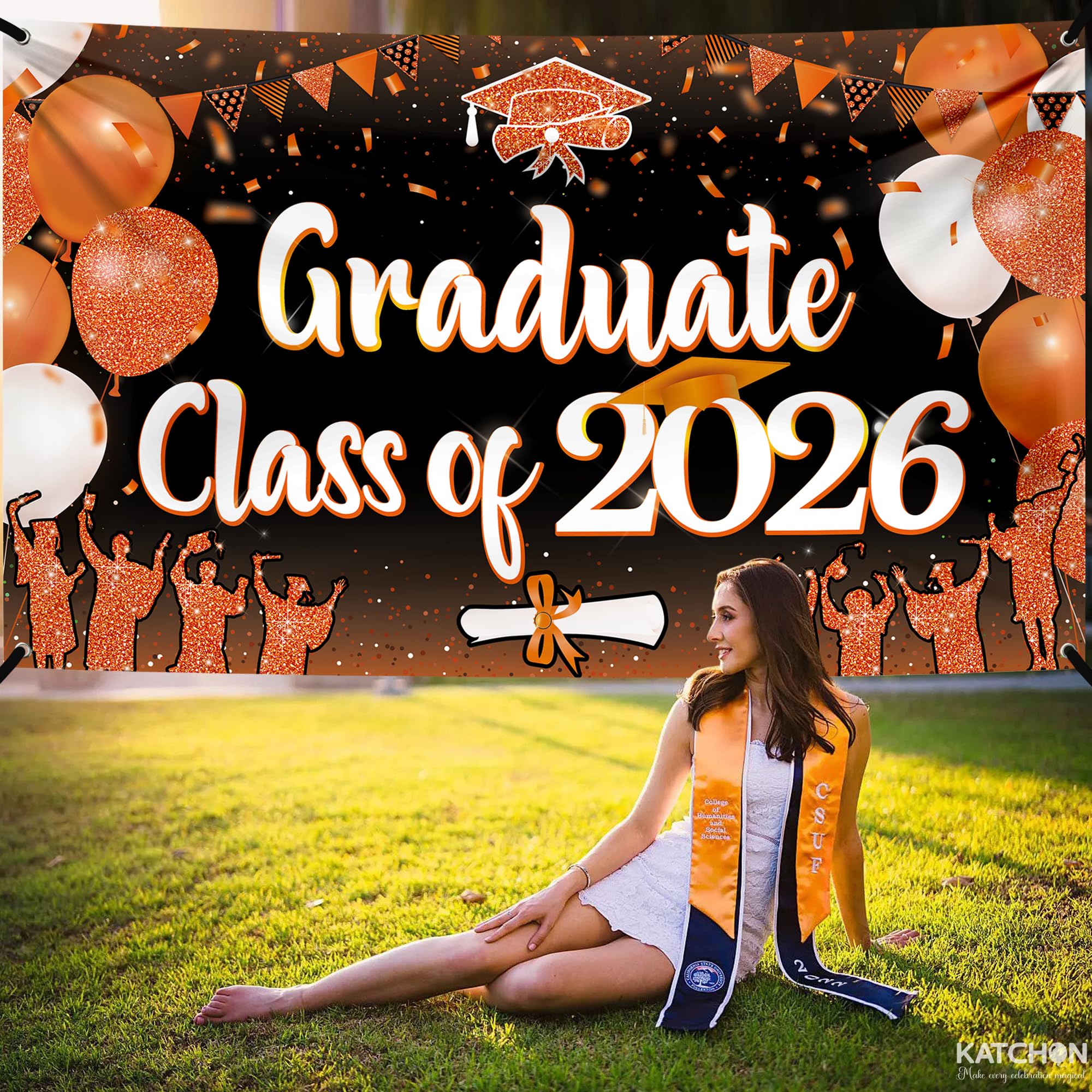 KatchOn Class of 2026 Graduation Banner - Orange & Black - 72 x 44 Inches