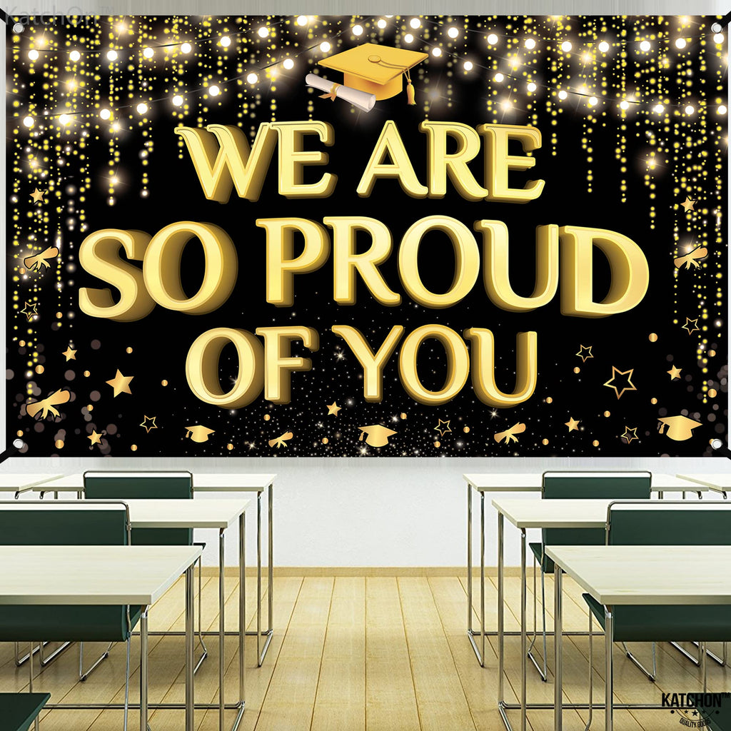 KatchOn Extra Large 72x44 Inch Black and Gold 'We Are So Proud of You' Graduation Banner 2026