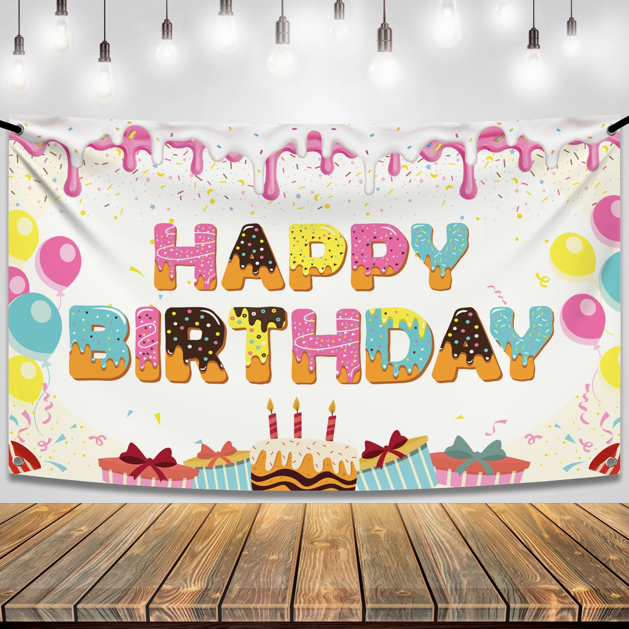 KatchOn Extra Large Donut Birthday Banner 72x44 Inch, Sprinkles Design, Reusable Cloth Backdrop