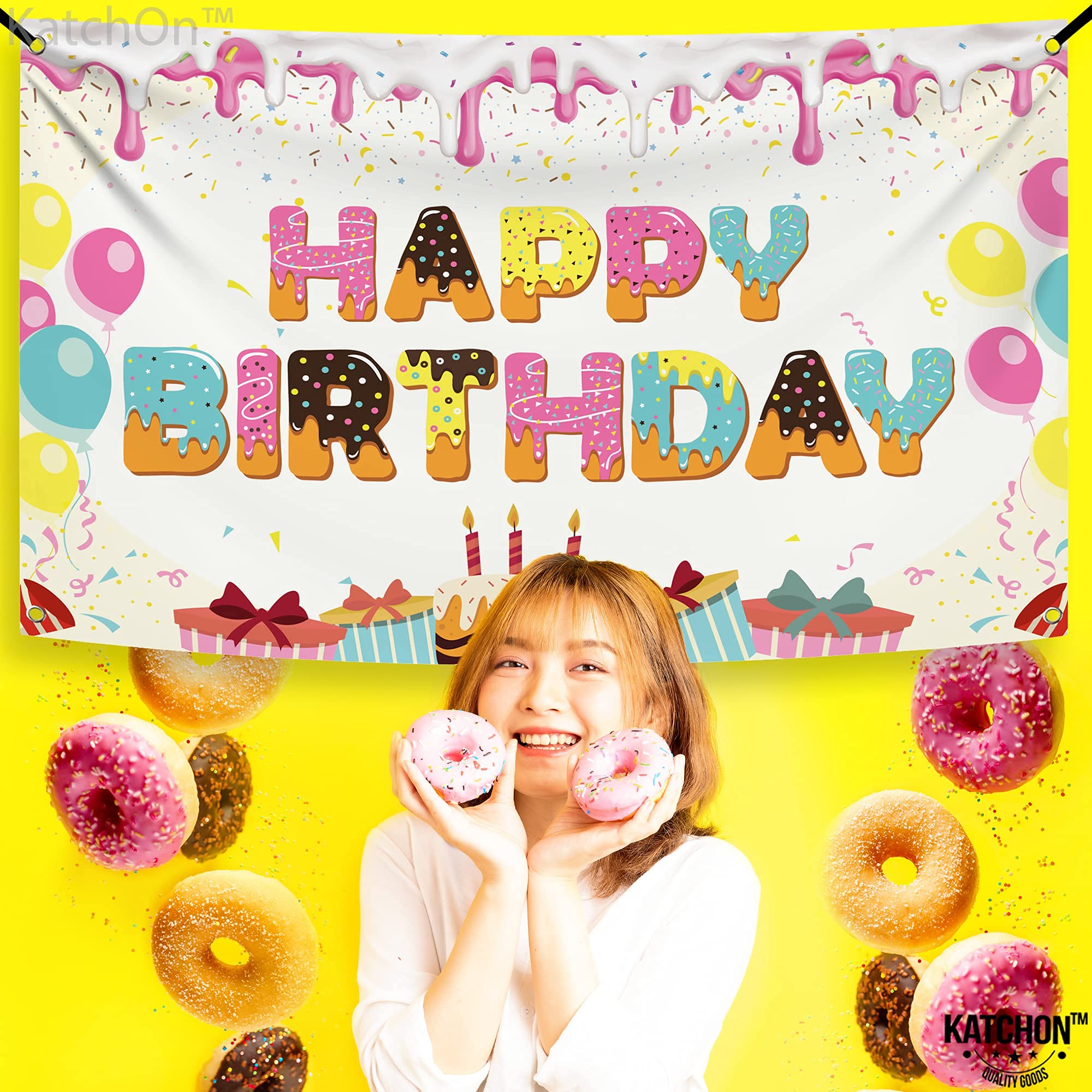 KatchOn Extra Large Donut Birthday Banner 72x44 Inch, Sprinkles Design, Reusable Cloth Backdrop