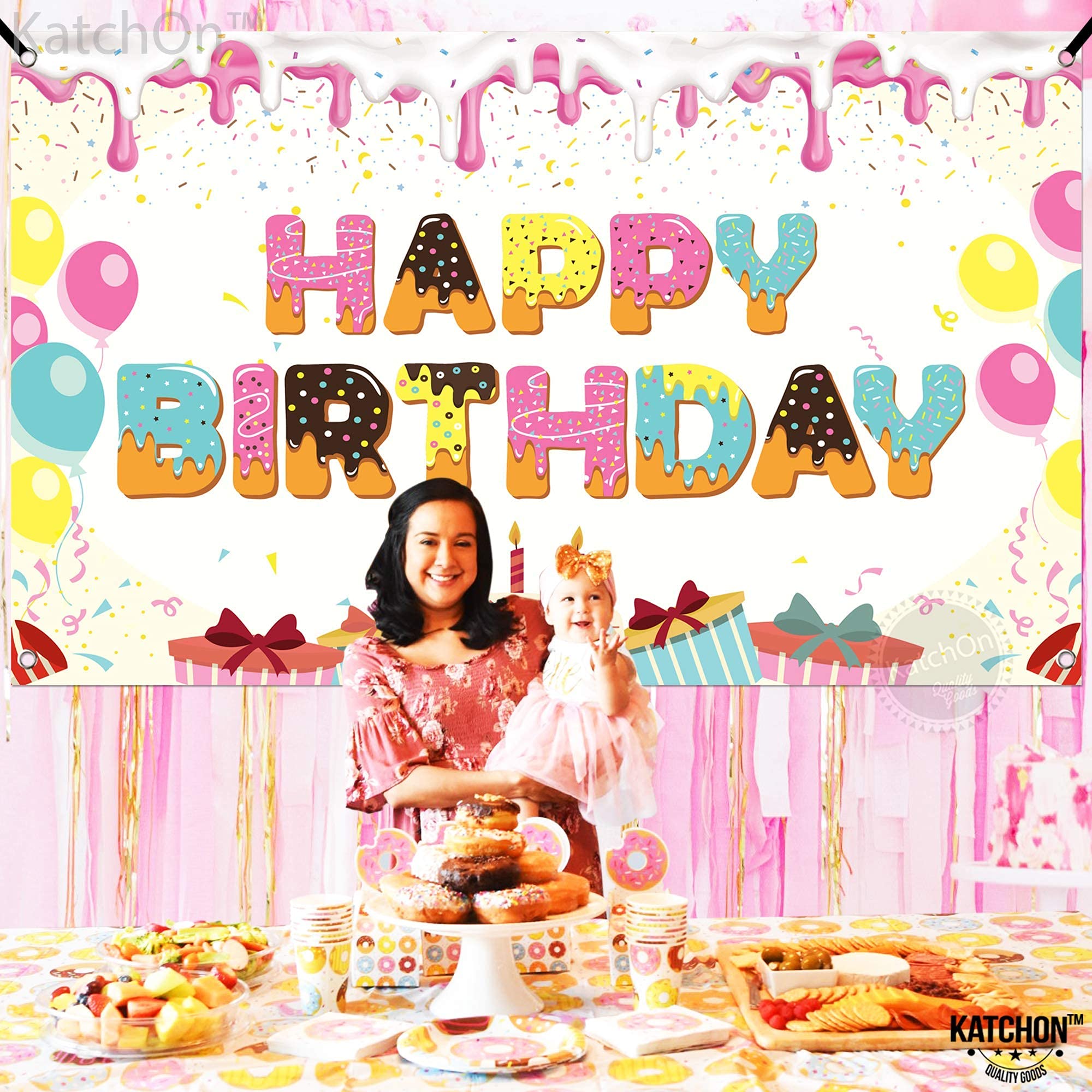 KatchOn Extra Large Donut Birthday Banner 72x44 Inch, Sprinkles Design, Reusable Cloth Backdrop