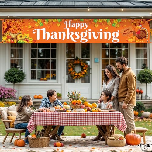 KatchOn Extra Large Thanksgiving Banner for Outdoor Yard Decor - 120x20 Inches, Orange Cloth Fabric