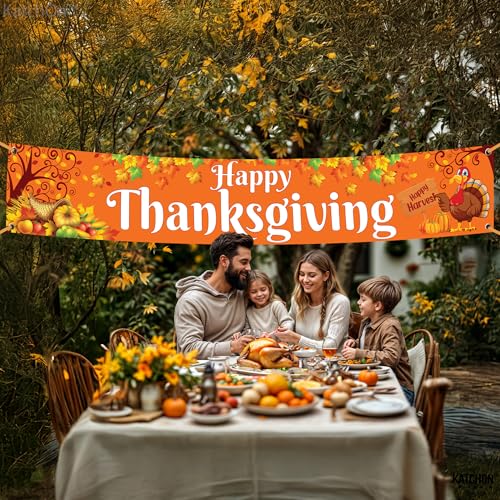 KatchOn Extra Large Thanksgiving Banner for Outdoor Yard Decor - 120x20 Inches, Orange Cloth Fabric