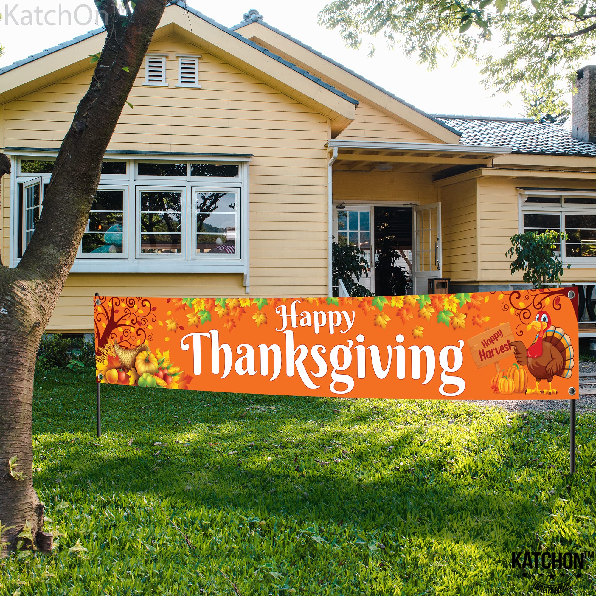 KatchOn Extra Large Thanksgiving Banner for Outdoor Yard Decor - 120x20 Inches, Orange Cloth Fabric