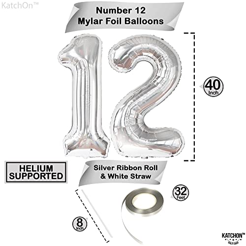 KatchOn Giant Silver Number 12 Balloon - 40 Inch Mylar Foil for Birthday or Anniversary Decorations