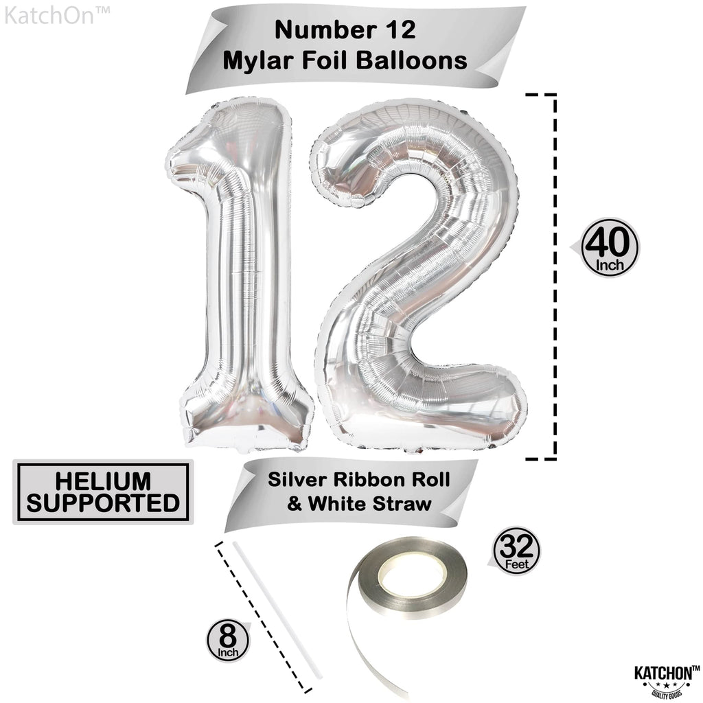 KatchOn Giant Silver Number 12 Balloon - 40 Inch Mylar Foil for Birthday or Anniversary Decorations