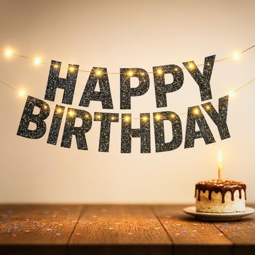 KatchOn Glitter Black Happy Birthday Banner Light Up - 10ft Prestrung LED with 8 Modes