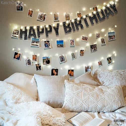 KatchOn Glitter Black Happy Birthday Banner Light Up - 10ft Prestrung LED with 8 Modes