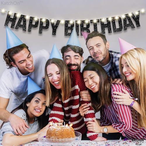KatchOn Glitter Black Happy Birthday Banner Light Up - 10ft Prestrung LED with 8 Modes