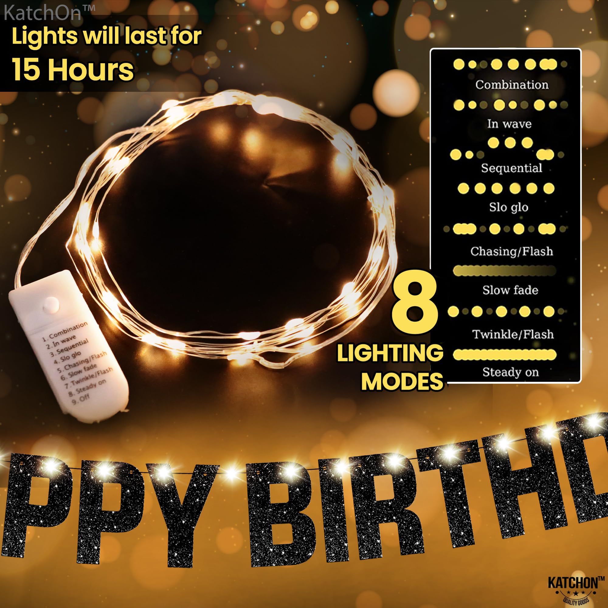 KatchOn Glitter Black Happy Birthday Banner Light Up - 10ft Prestrung LED with 8 Modes