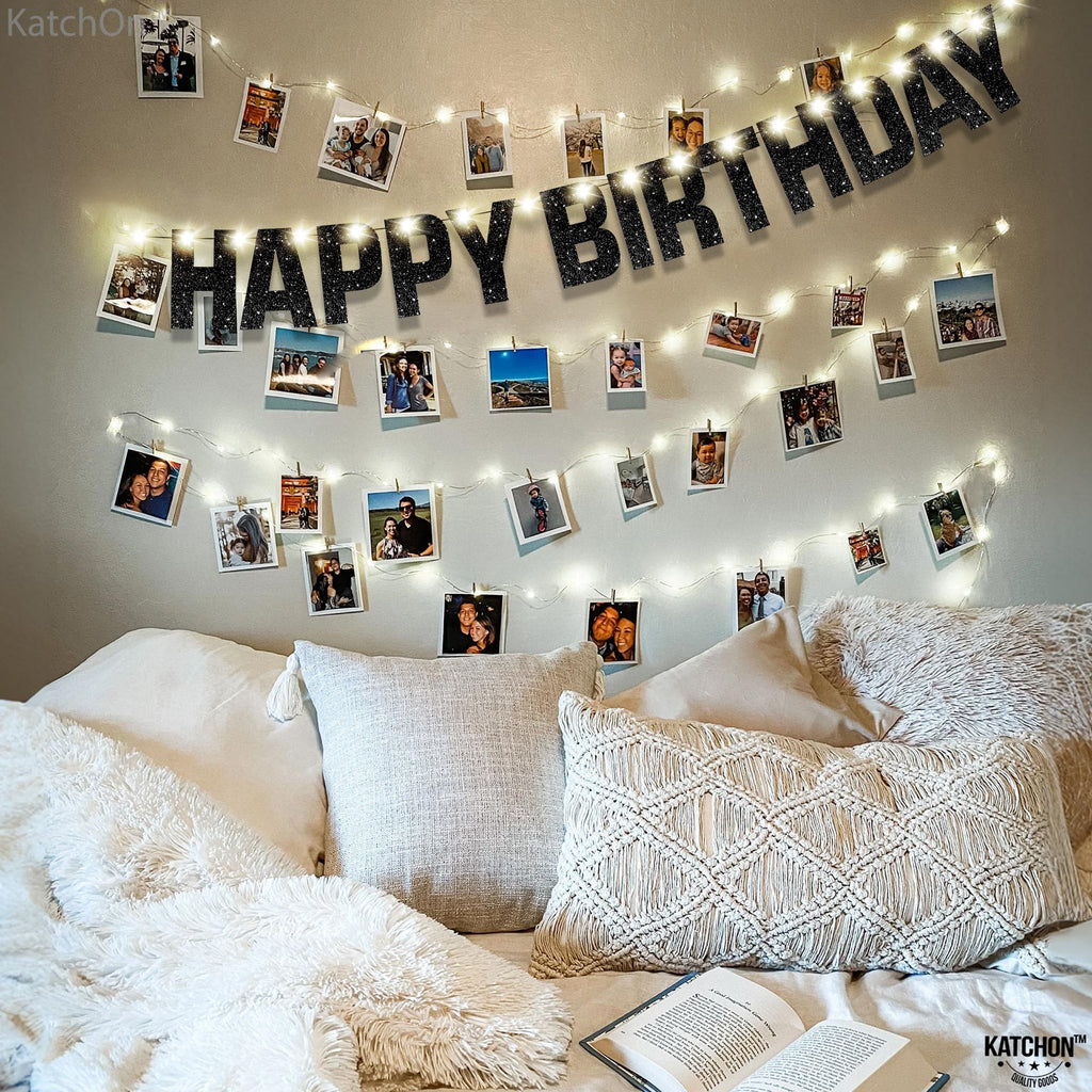 KatchOn Glitter Black Happy Birthday Banner Light Up - 10ft Prestrung LED with 8 Modes