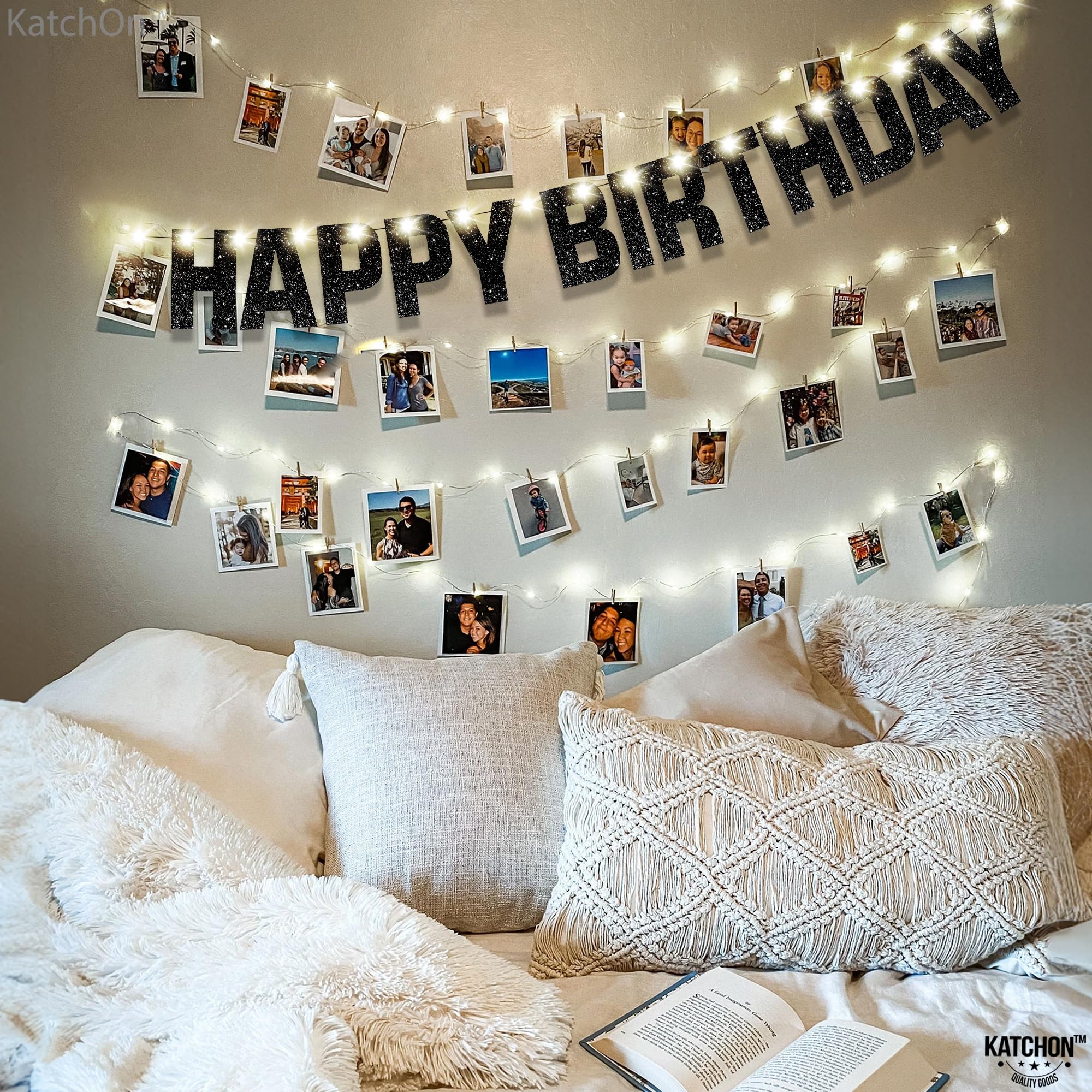 KatchOn Glitter Black Happy Birthday Banner Light Up - 10ft Prestrung LED with 8 Modes