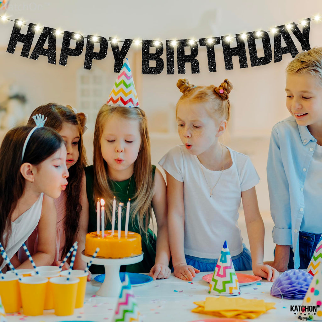 KatchOn Glitter Black Happy Birthday Banner Light Up - 10ft Prestrung LED with 8 Modes