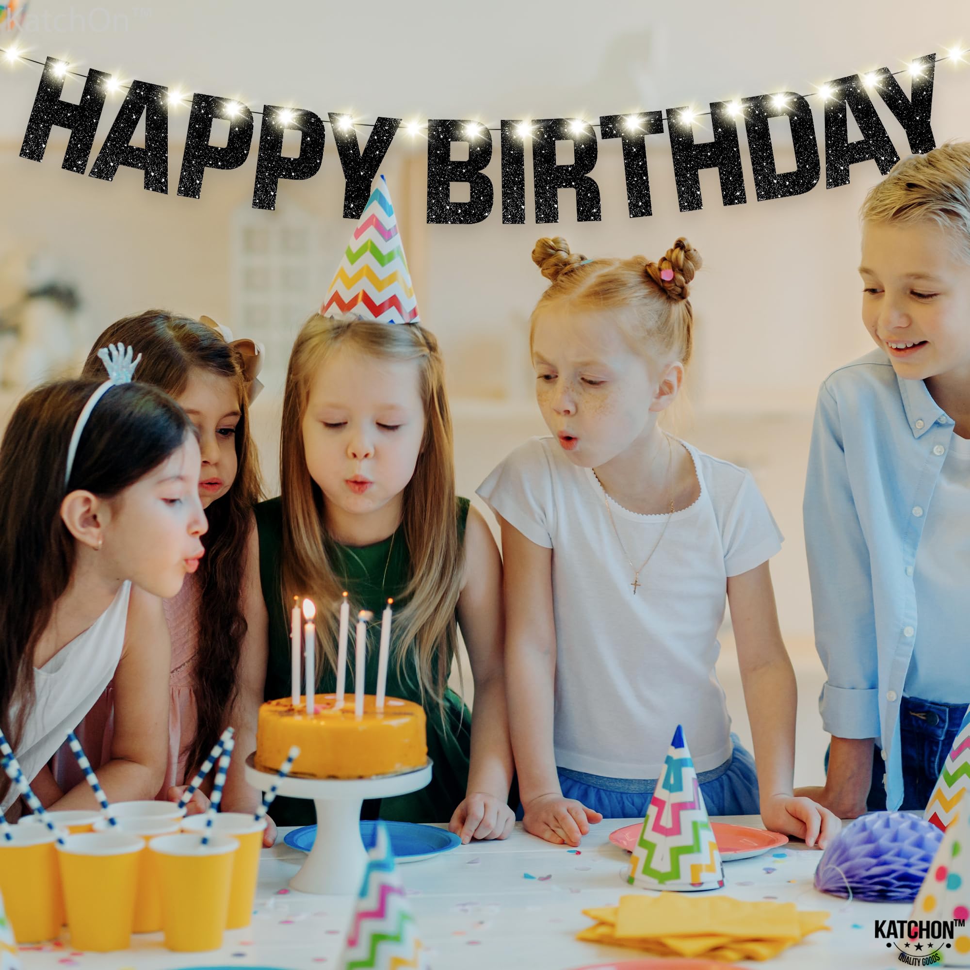 KatchOn Glitter Black Happy Birthday Banner Light Up - 10ft Prestrung LED with 8 Modes