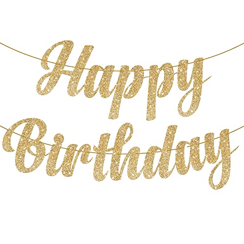 KatchOn Glitter Gold Happy Birthday Banner – 10 Feet Pre-Strung Reusable Cardstock