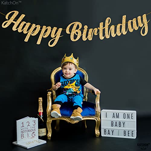 KatchOn Glitter Gold Happy Birthday Banner – 10 Feet Pre-Strung Reusable Cardstock