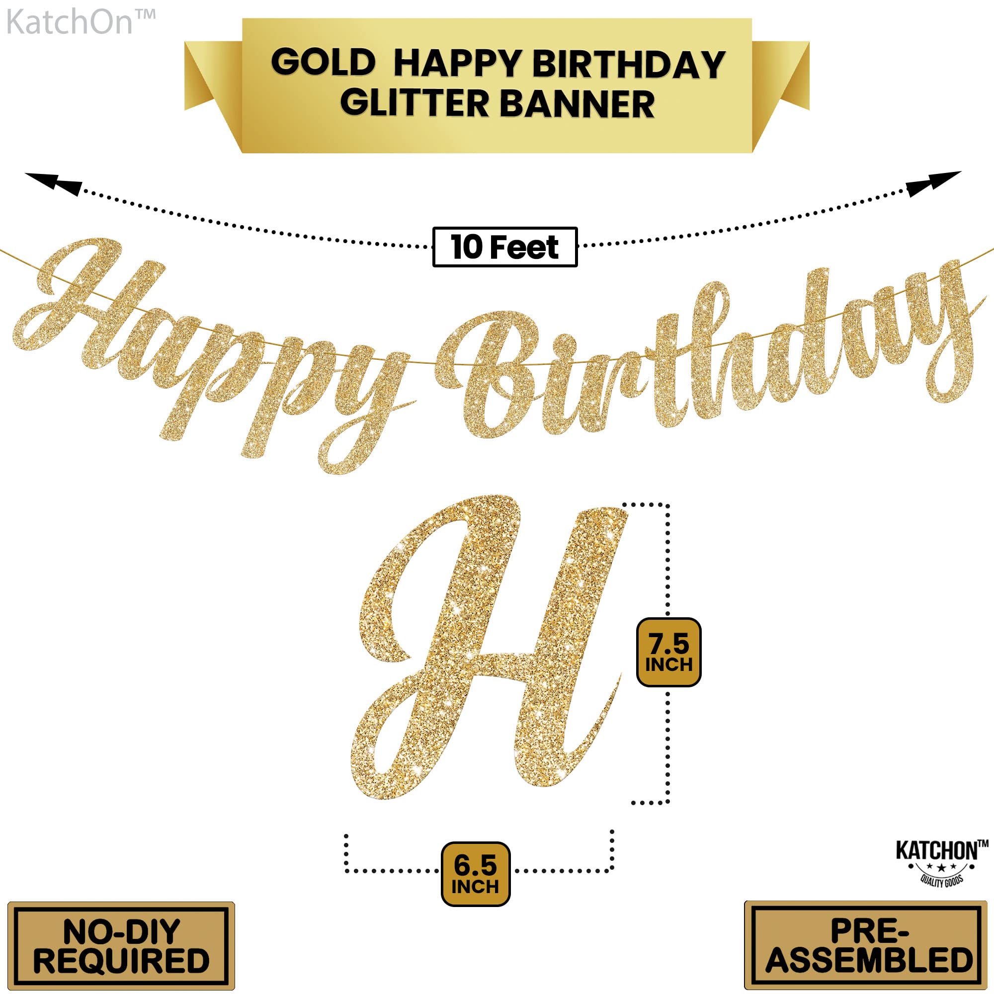 KatchOn Glitter Gold Happy Birthday Banner – 10 Feet Pre-Strung Reusable Cardstock