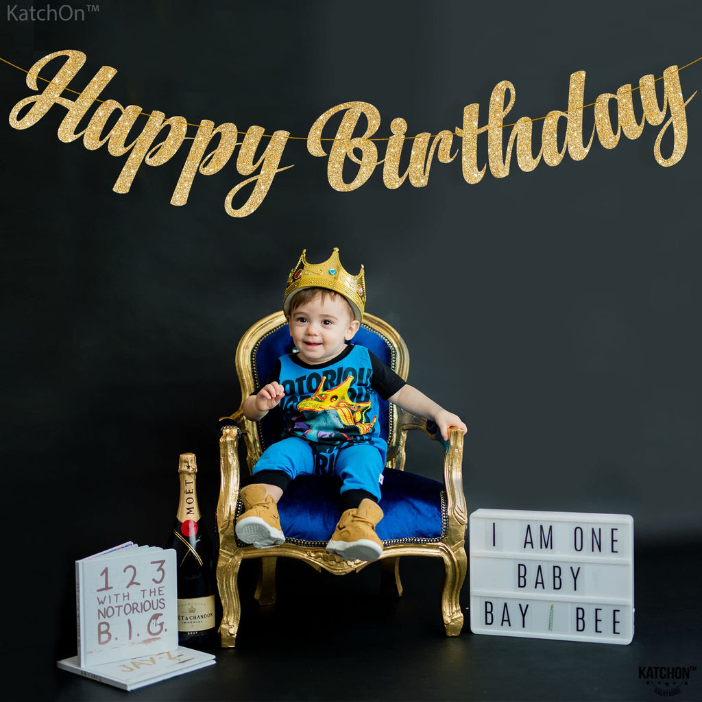 KatchOn Glitter Gold Happy Birthday Banner – 10 Feet Pre-Strung Reusable Cardstock
